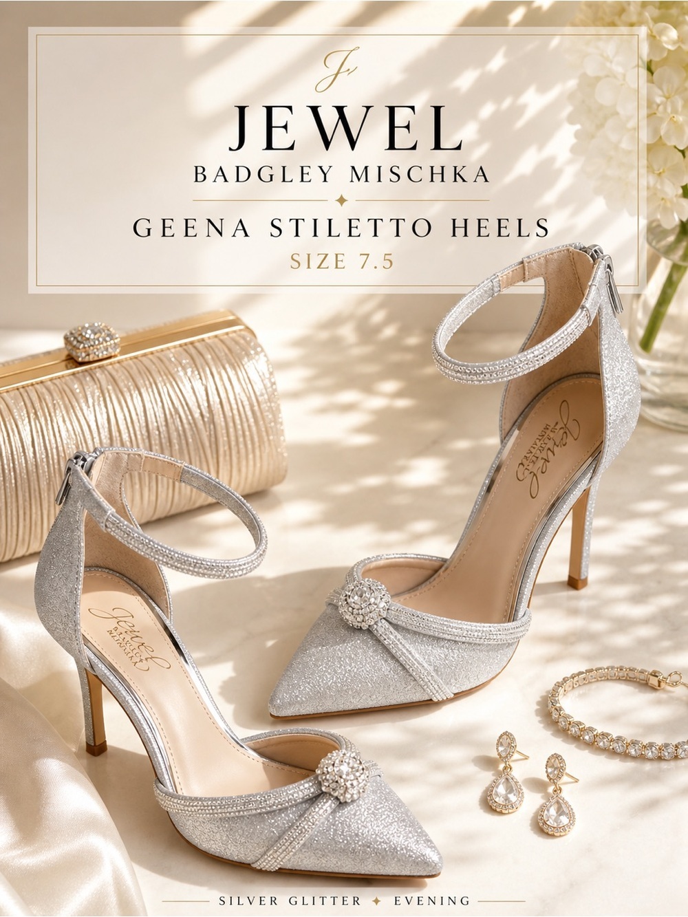 Jewel Badgley Mischka Geena Silver Glitter Stiletto Heels Size 7.5